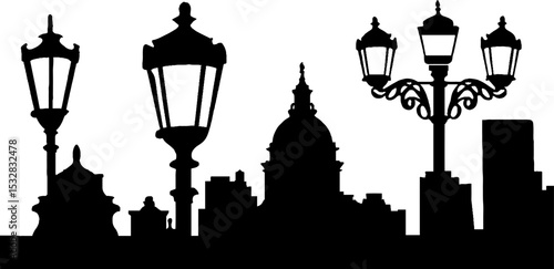 Urban exploration concept featuring city skyline with historical architecture and classic streetlights