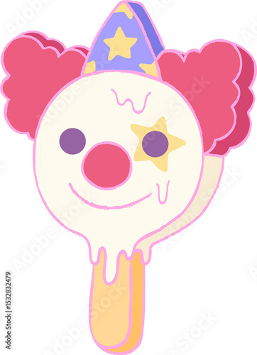 Melting clown-faced ice pop is dripping in flat art, party hat, bi-tone stick, transparent backdrop