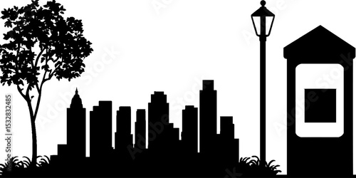 City skyline silhouette for guidebook illustration. Urban architecture with streetlight, tree, and kiosk elements in black and white design.
