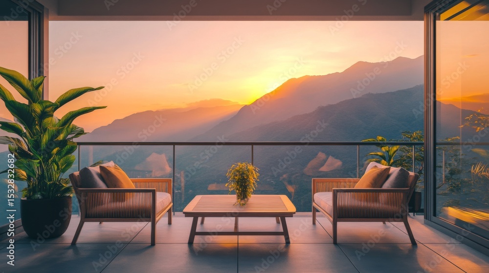 Fototapeta premium A spacious balcony with a stylish lounge set, overlooking a breathtaking mountain range at sunrise, illuminating the space with golden light.
