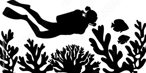 Diver exploring underwater coral reef with fish silhouettes