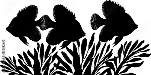 Underwater exploration: diving gear and fish silhouettes for ocean adventure design