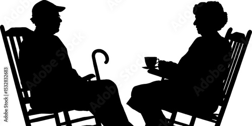 Elderly couple silhouette relaxing with walking stick and tea