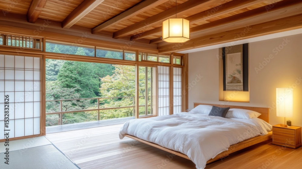 A spacious Japanese-style bedroom featuring an open layout, with natural wood floors and simple, elegant furnishings that embody minimalist aesthetics A spacious Japanese-style bedroom featuring an open layout, with natural wood floors and simple, elegant furnishings that embody minimalist aesthetics