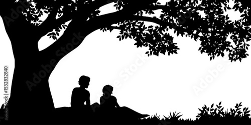 Family bonding under tree silhouette with grandparents and grandchildren relaxing