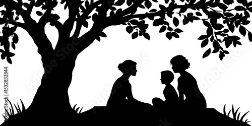 Family picnic under tree silhouette with grandparents and grandchildren
