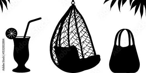 Relaxing beachside with hanging swing chair, book, and refreshing lemon drink