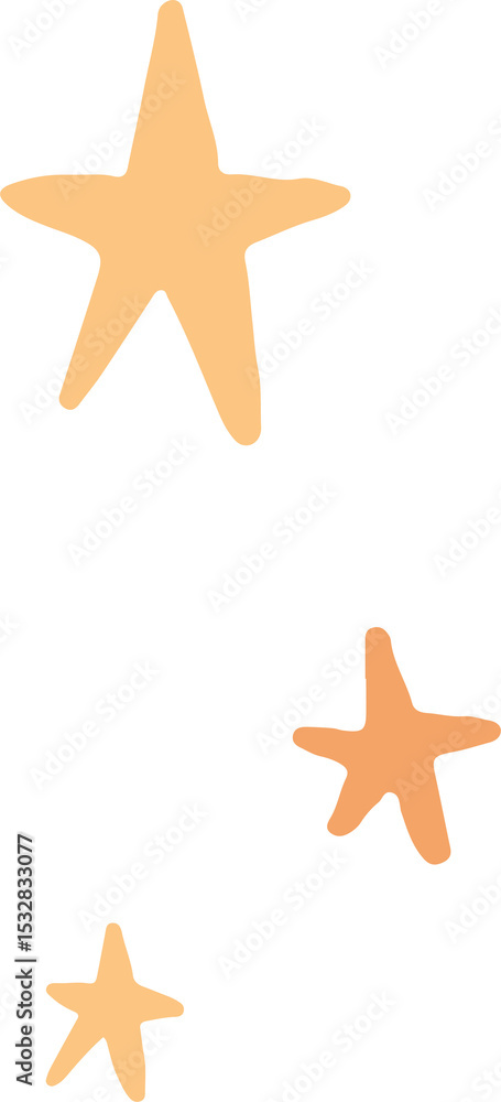 Fototapeta premium Trio of hand-drawn peach-orange star shapes are floating on transparent canvas, copy space