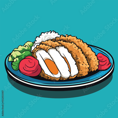 Crispy Katsu Cutlets with Rice and Garnish on a Blue Plate