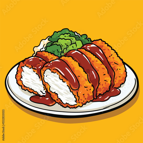 Crispy Katsu Cutlets with Brown Sauce and Broccoli
