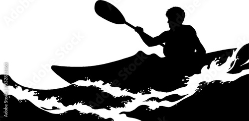 Adventurous kayaking on high river waves with life vest and paddle