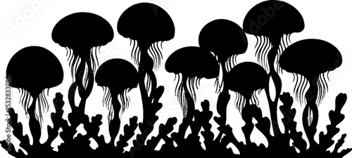 Black silhouette of jellyfish and coral border with high contrast design