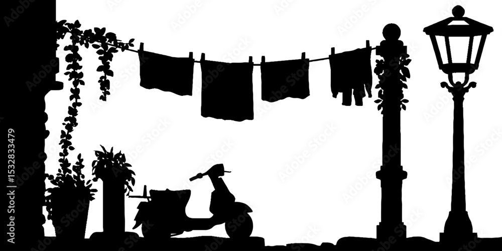 Fototapeta premium Urban serenity with scooter silhouette on a narrow street with hanging laundry