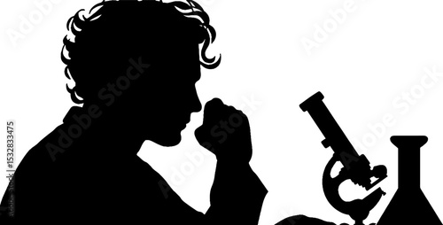 Scientist silhouette examining through microscope with erlenmeyer flask