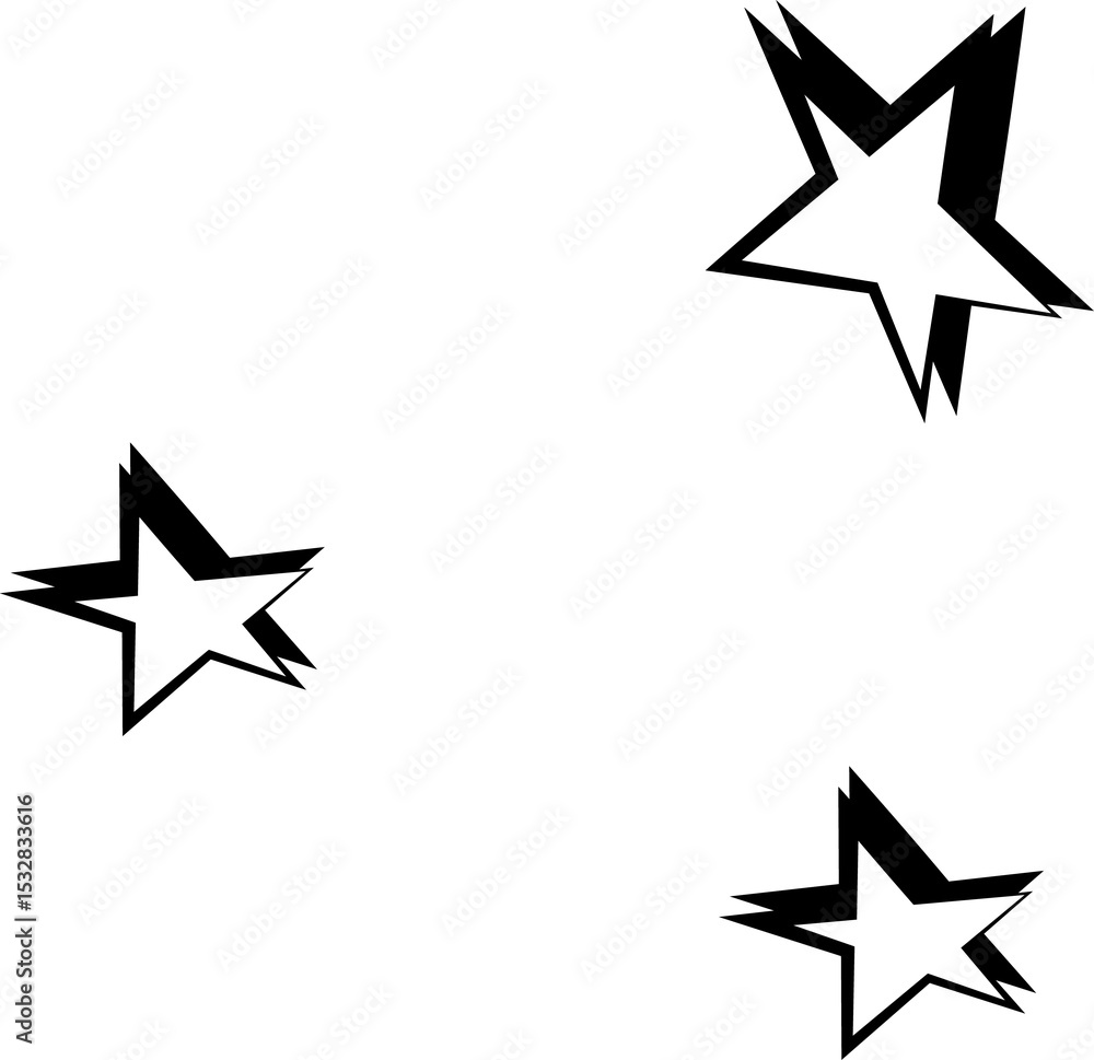 Obraz premium Trio of stylized stars are floating in flat design with jagged outlines on transparent background