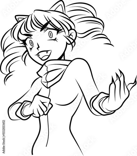 Fototapeta Naklejka Na Ścianę i Meble -  Anime character is striking playful pose in ink art with cat ears, scarf, transparent background