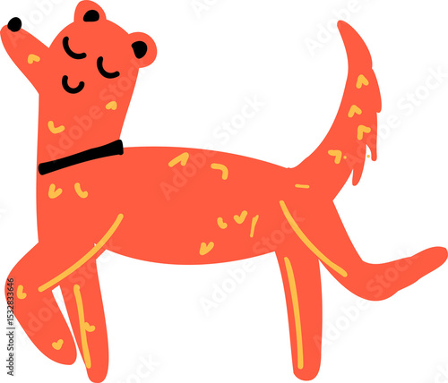 Fototapeta Naklejka Na Ścianę i Meble -  Showing flat orange canine walking, looking up, yellow hearts, black collar, transparent background