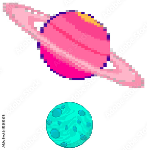 Fototapeta Naklejka Na Ścianę i Meble -  Pixel art ringed planet and cratered moon floating on transparent canvas, space theme, copy space