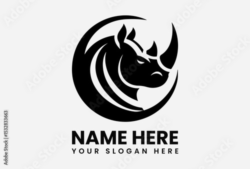 Black vector rhinoceros logo with prominent horn silhouette representing conservation strength and endangered species protection