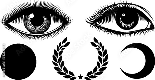 Mystical symbols set featuring all seeing eye, crescent moon, and laurel wreath design