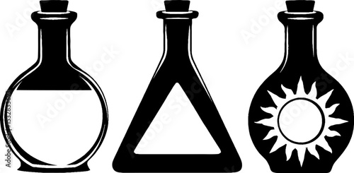 Mystical alchemical flasks with triangle and rune design for esoteric themes
