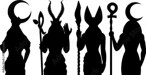 Egyptian mythology silhouettes featuring anubis and ankh staff design