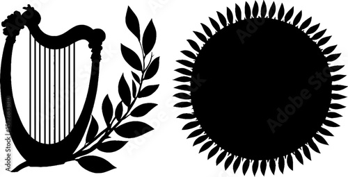 Apollo silhouette with lyre strings and radiant sun design for mythology themes