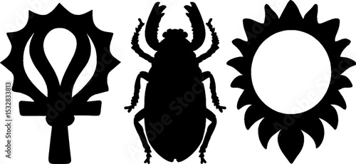 Ancient egyptian symbols: anubis silhouette, ankh, and scarab design collection for decor