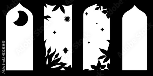 Arabesque window frame with moon disk silhouette. Decorative Islamic design featuring geometric and floral patterns