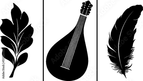 Bardic themes with lute silhouette, feather, and leaf design for musical inspiration