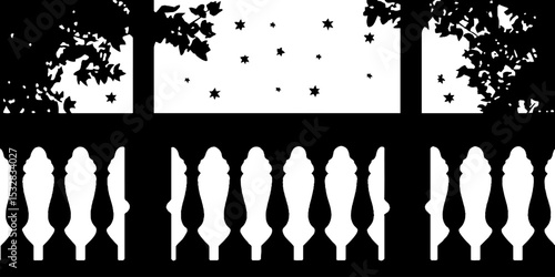Decorative balcony silhouette with swirling stars and arcs for nighttime ambiance