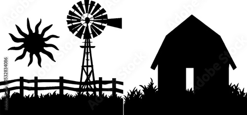 Rustic farmyard silhouettes with barn, windmill, fence, and sun elements