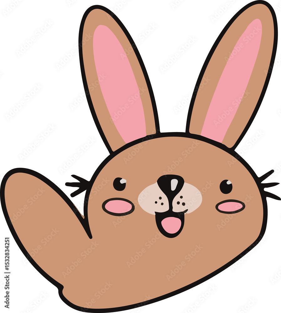 Obraz premium Smiling pink-eared bunny head is raising paw in flat design on transparent background, copy space