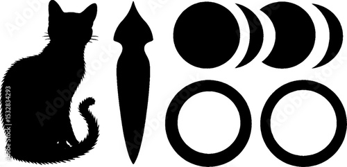 Mystical black cat silhouette with pentacle ring and moon phases for tarot or witchcraft designs