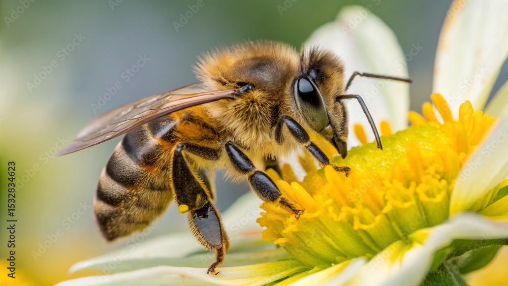 Honeybee on Daisy: A close-up of a honeybee diligently collecting pollen from a vibrant daisy. The intricate details of the bee's body and the flower's petals are beautifully captured. Honeybee on Daisy: A close-up of a honeybee diligently collecting pollen from a vibrant daisy. The intricate details of the bee's body and the flower's petals are beautifully captured.