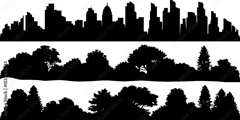 Fototapeta premium Urban and natural silhouette set featuring city skyline and tree horizon