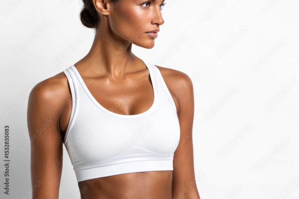 white sports bra mockup. A fit woman in a white sports bra poses confidently, showcasing a healthy lifestyle and athleticism with a neutral background. white sports bra mockup. A fit woman in a white sports bra poses confidently, showcasing a healthy lifestyle and athleticism with a neutral background.