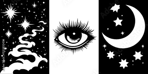 Mystical cosmic eye and celestial galaxy swirls with star trails