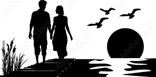 Romantic summer walk at sunset on scenic boardwalk