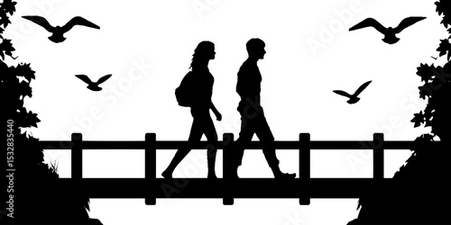 Silhouette of couple walking on summer boardwalk with birds