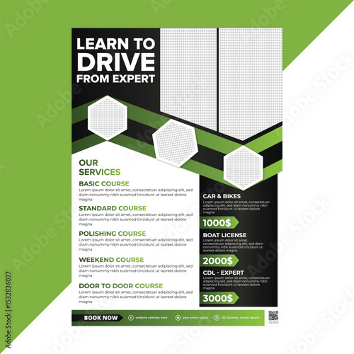 Clean flyer template for auto schools offering driving licenses, safe road training, and instructor branding for young learners