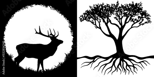 Druid silhouettes: stag with majestic horns and tree in forest setting