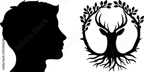 Druid silhouette and stag horn in forest setting for nature and mythology design
