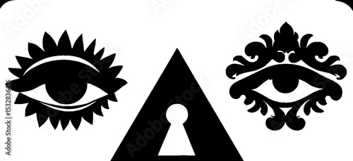 Mystical symbols of eye in triangle with sun ray arc and keyhole for esoteric design