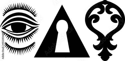 Mystical symbols: eye in triangle with sun rays and ornate keyhole design for spiritual art