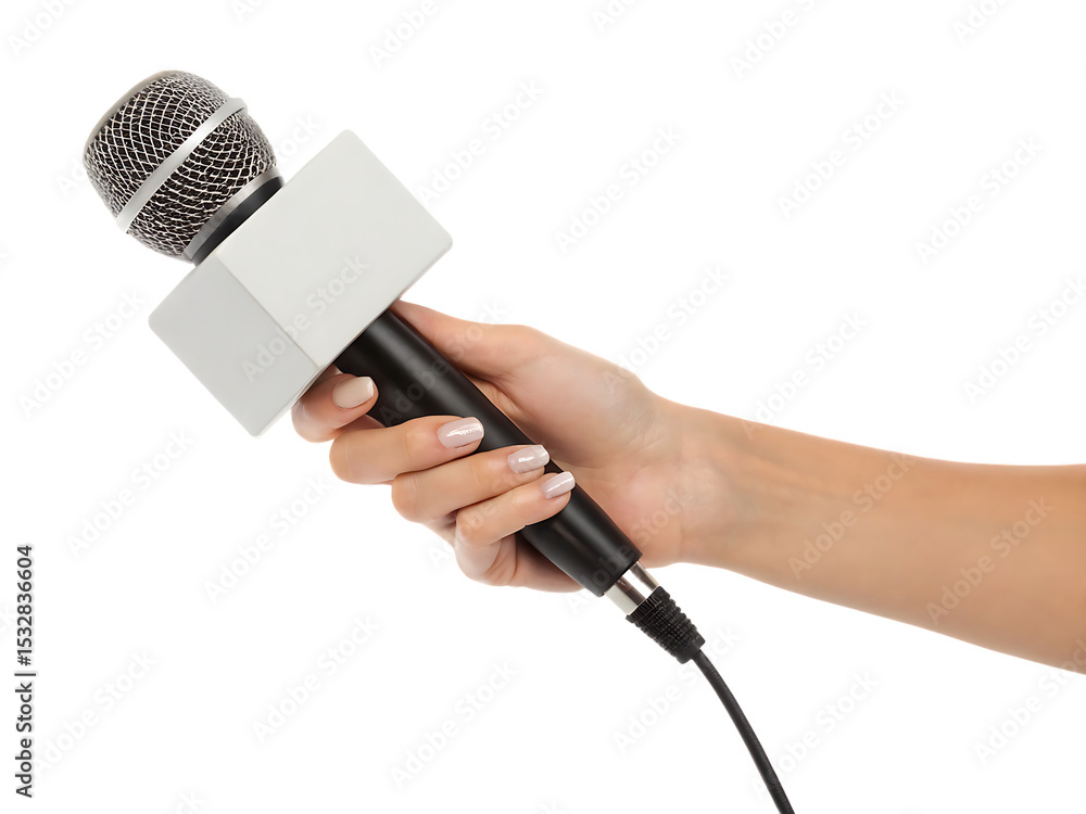 Obraz premium Hand holding microphone with blank label isolated on a white background png generated ai