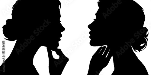 Dual silhouette faces reflecting in mirror with blurred background
