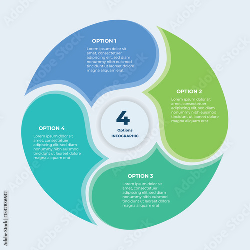 circular infographic template with 4 colorful options in a rounded segmented layout. Includes editable text placeholders and smooth overlapping shapes. Ideal for presentation, report, or data visualiz