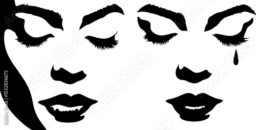 Emotional expression with closed eyes and single tear illustration for artistic design