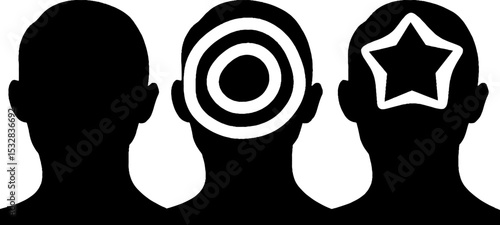 Human silhouettes with concentric circles and star shapes on heads for conceptual design